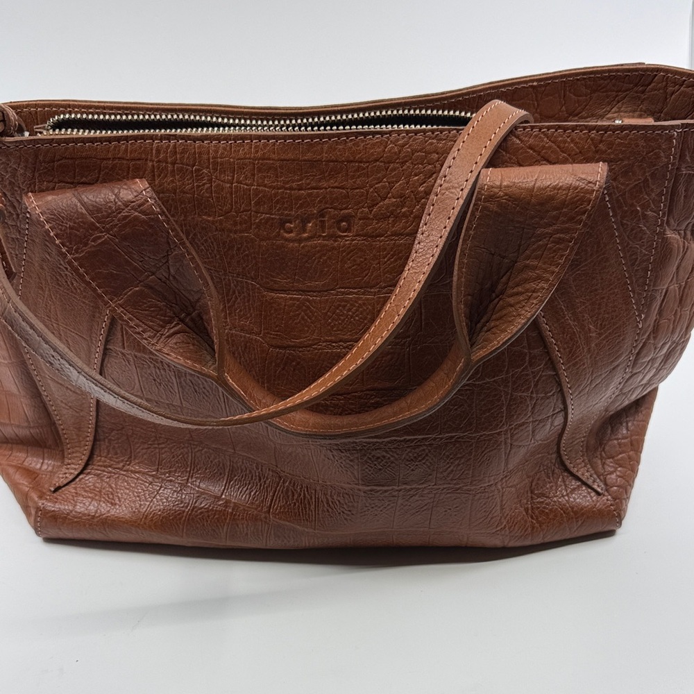 Croc-Embossed Brown Leather Tote by CRIA